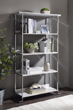 Visage White Faux Marble Print Wood/Chrome Metal Bookshelf