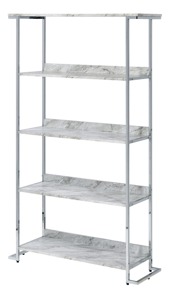 Visage White Faux Marble Print Wood/Chrome Metal Bookshelf