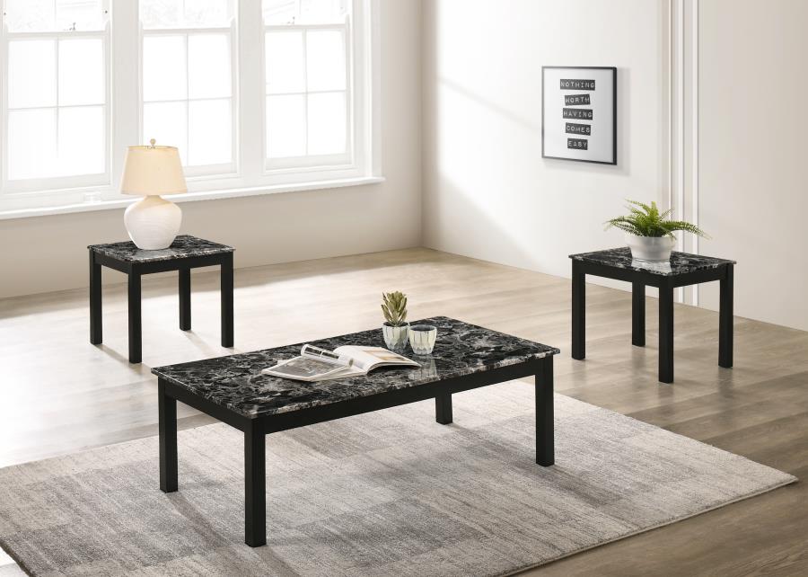 Vivienne 3-Pc Black Faux Marble/Wood Coffee Table Set