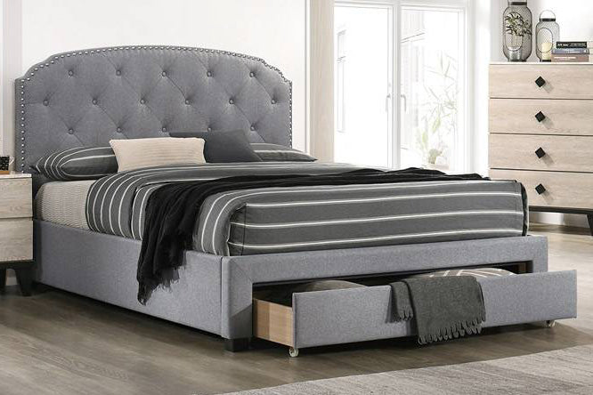 Wynry Light Grey Linen Fabric Queen Platform Storage Bed