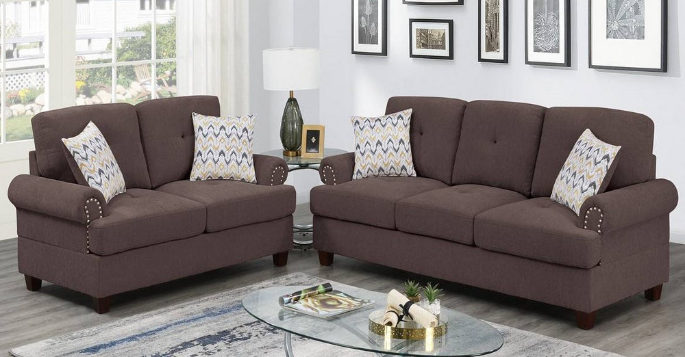 Yasmine 2-Pc Dark Coffee Chenille Sofa Set with Nailheads