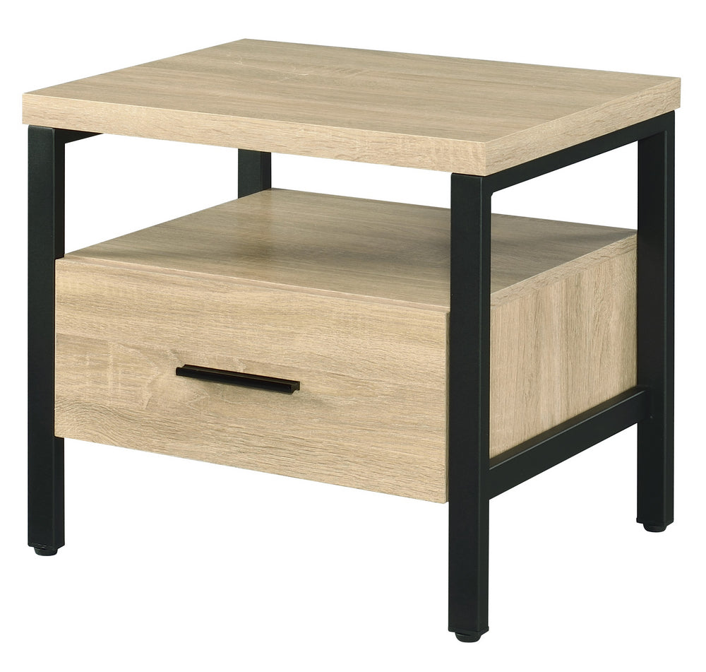 Yawan Oak Wood/Black Metal Nightstand with Drawer & Shelf