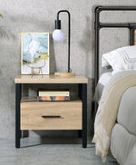 Yawan Oak Wood/Black Metal Nightstand with Drawer & Shelf