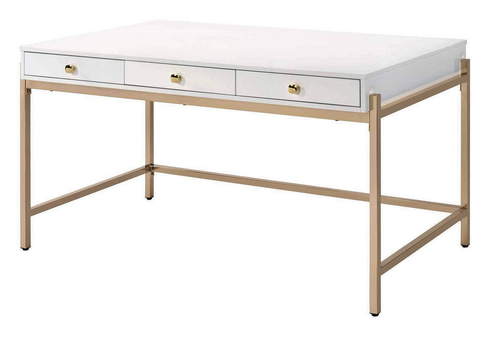 Ottey White High Gloss Wood/Gold Metal 3-Drawer Writing Desk