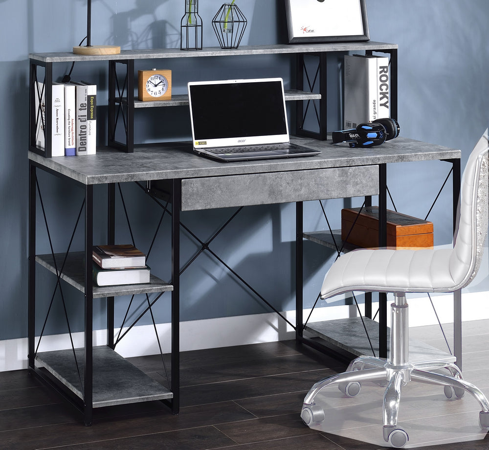 Amiel Faux Concrete Print Wood/Black Metal Writing Desk