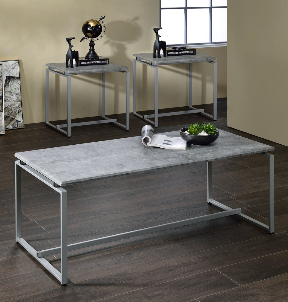 Jurgen 3-Pc Faux Concrete Finish/Silver Metal Table Set