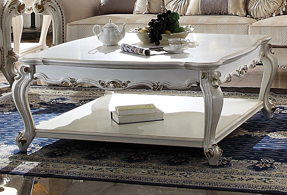 Picardy Antique Pearl Wood Coffee Table with Shelf