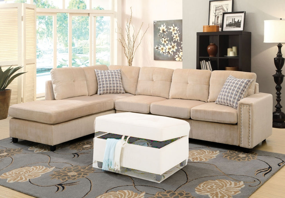 Belville Beige Velvet Reversible Sectional Sofa with Pillows