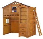 Tree House Rustic Oak Wood Loft Bed with Bookcase Cabinet