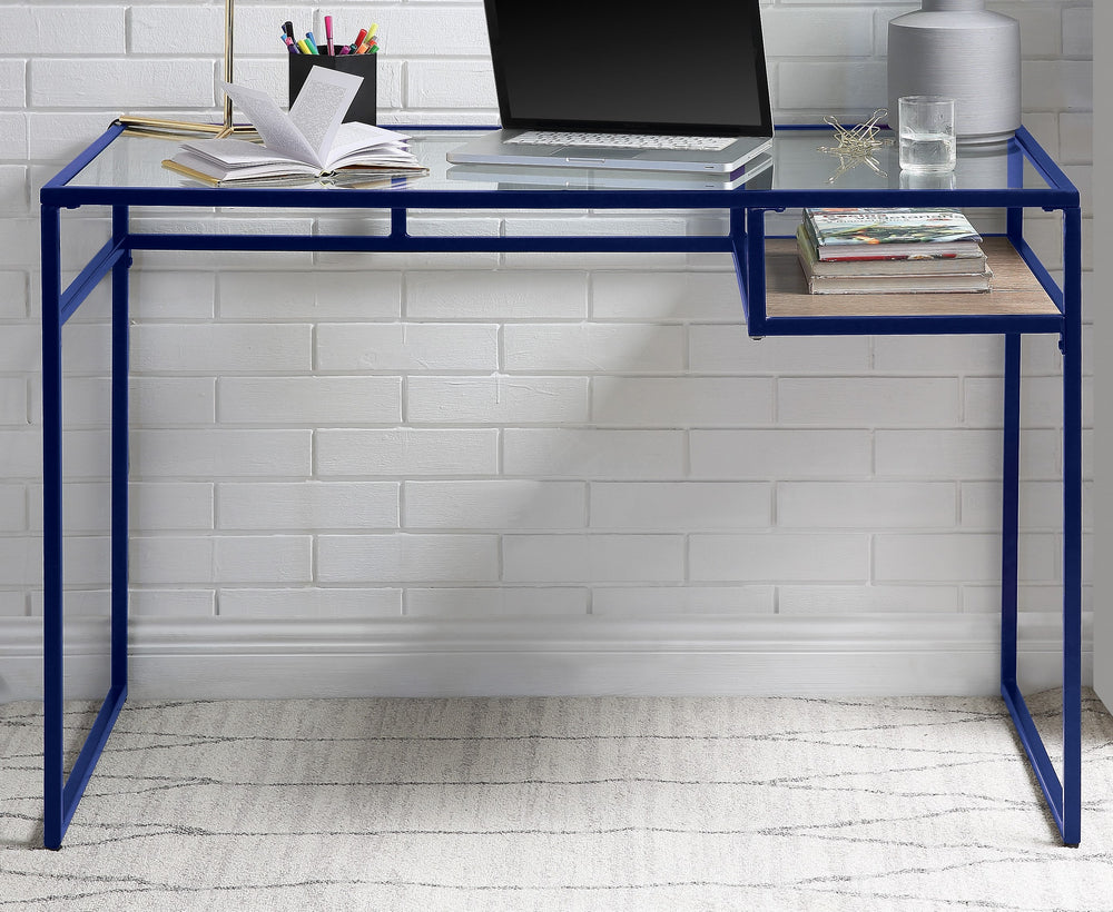 Yasin Blue Metal/Clear Glass Office Desk