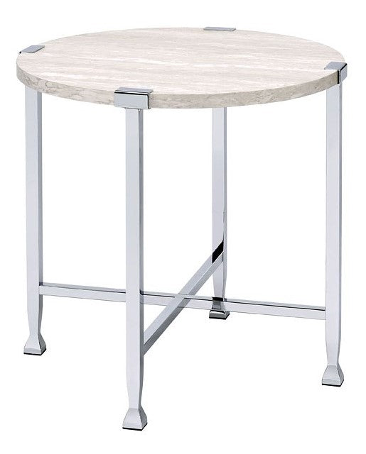 Brecon White Oak Wood/Chrome Metal Round End Table