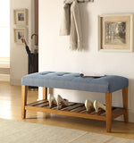 Charla Blue Fabric/Oak Wood Bench with Shelf