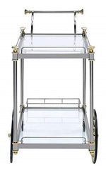 Cyiris Silver Metal/Clear Glass Serving Cart with Gold Accents