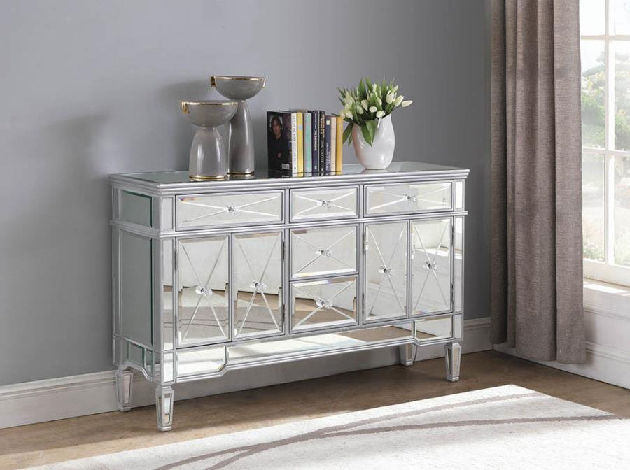 Gracen Silver Finish Accent Cabinet with Mirrored Front
