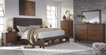 Ralene Gray Fabric/Medium Brown Wood King Panel Bed (Oversized)