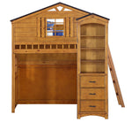 Tree House Rustic Oak Wood Loft Bed with Bookcase Cabinet