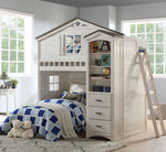 Tree House Weathered White Wood Twin Loft Bed with Bookcase