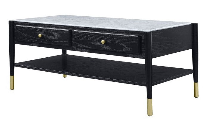 Atalia Marble/Black Wood 2-Drawer Coffee Table with Shelf