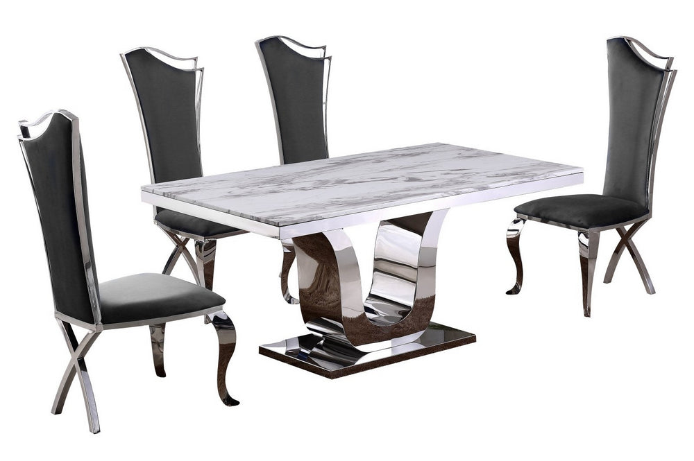 Bellamy 5-Pc White Marble/Dark Gray Velvet Dining Table Set