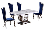 Bellamy 5-Pc White Marble/Navy Blue Velvet Dining Table Set