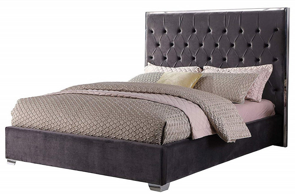 Natasha Dark Grey Velour/Silver Metal Queen Bed