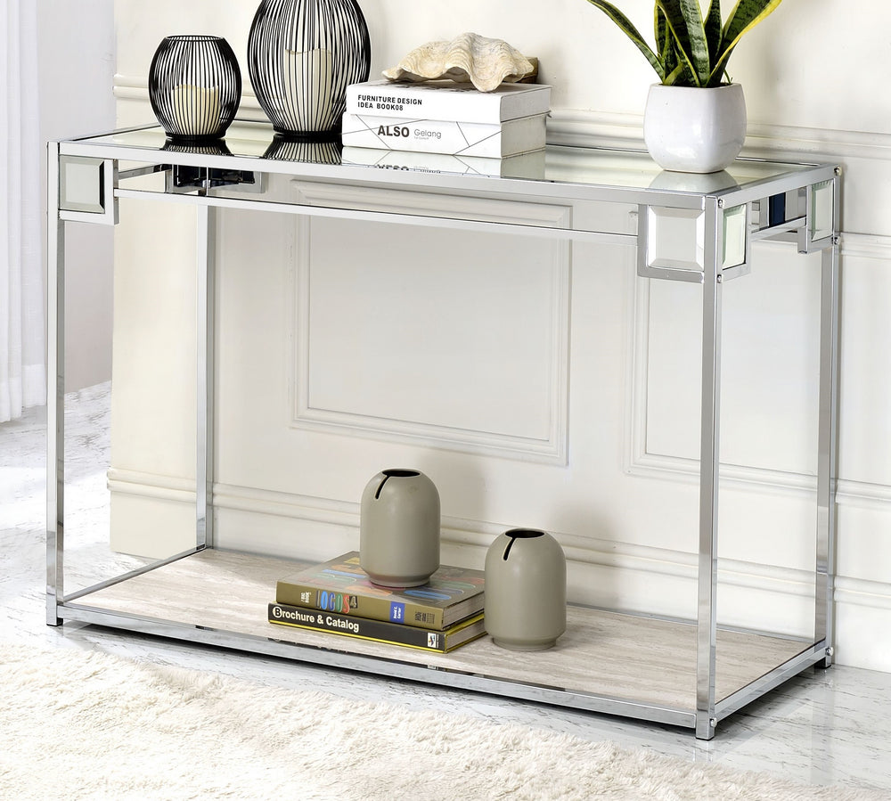 Asbury Mirrored/Chrome Metal Console Table with Bottom Shelf