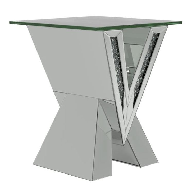 Naomi Contemporary Mirrored End Table with Clear Glass Top