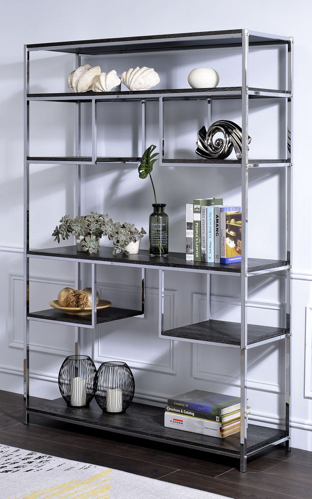 Vonara Rustic Gray Oak Wood/Chrome Metal Bookshelf