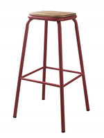 Scarus 2 Natural Finish Wood/Red Steel Bar Stools