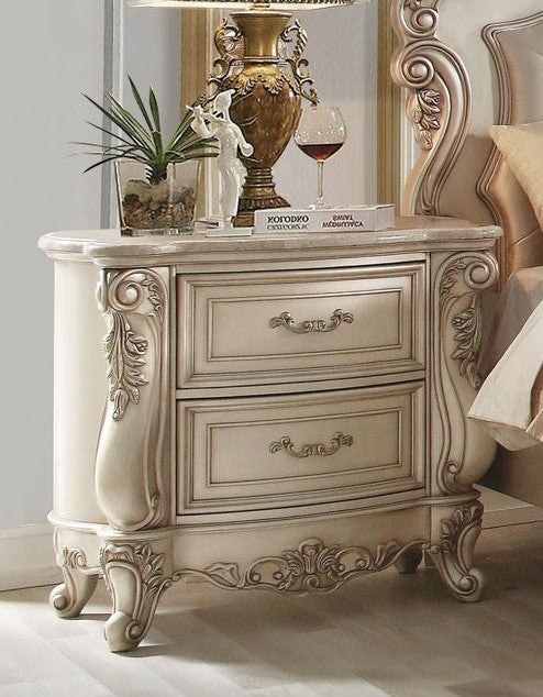 Gorsedd Antique White Wood Nightstand with 2 Drawers & Marble Top