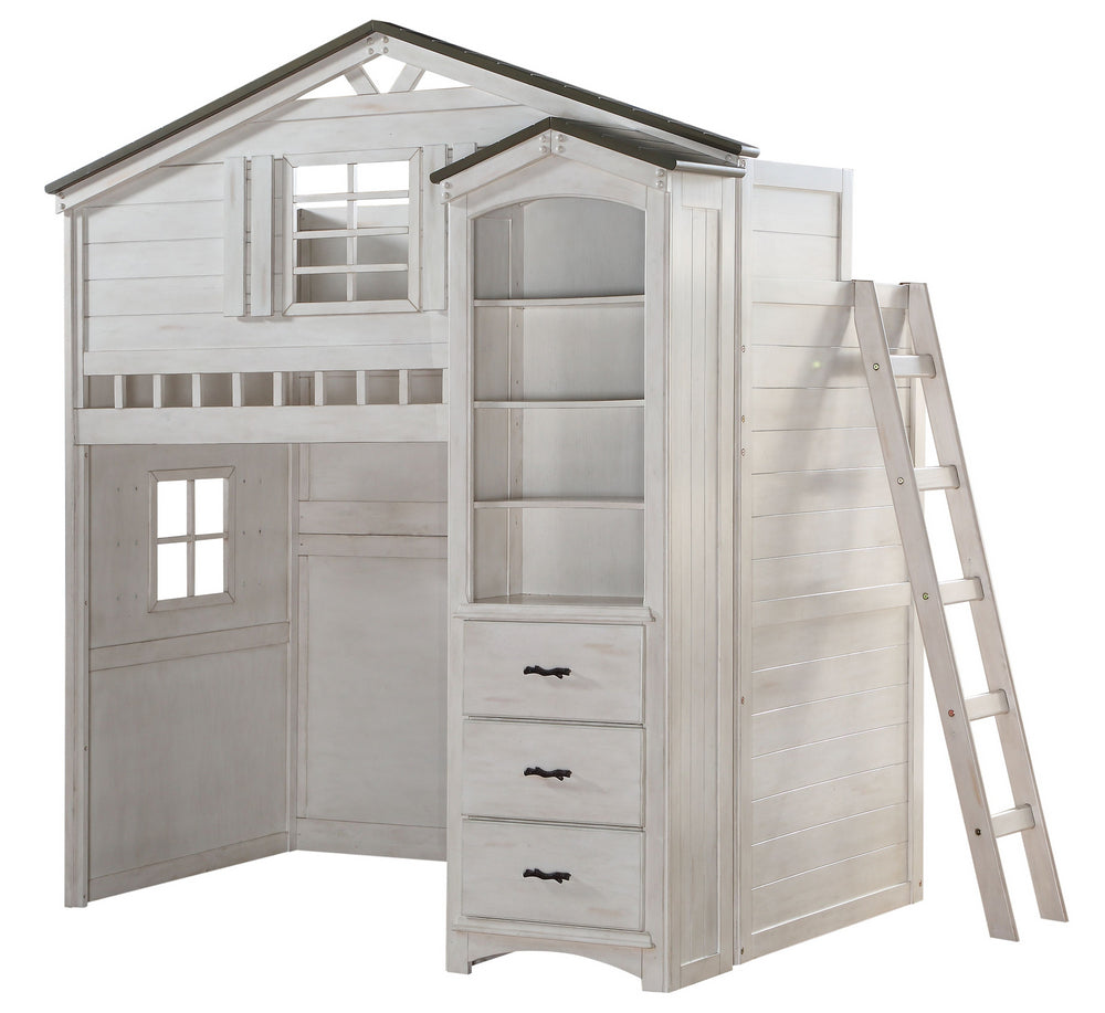 Tree House Weathered White Wood Twin Loft Bed with Bookcase