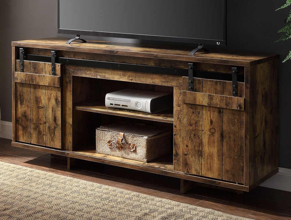 Bellarosa Rustic Oak Wood TV Stand with 2 Sliding Barn Doors