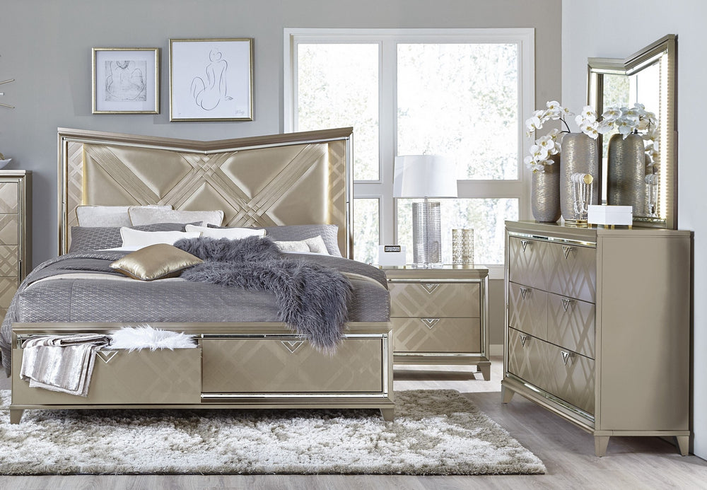 Bijou 4-Pc Champagne Metallic Wood Queen Bedroom Set