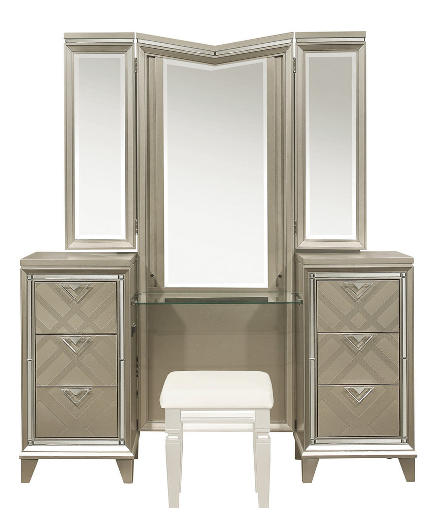 Bijou Champagne Metallic Wood Vanity Dresser w/ Mirror