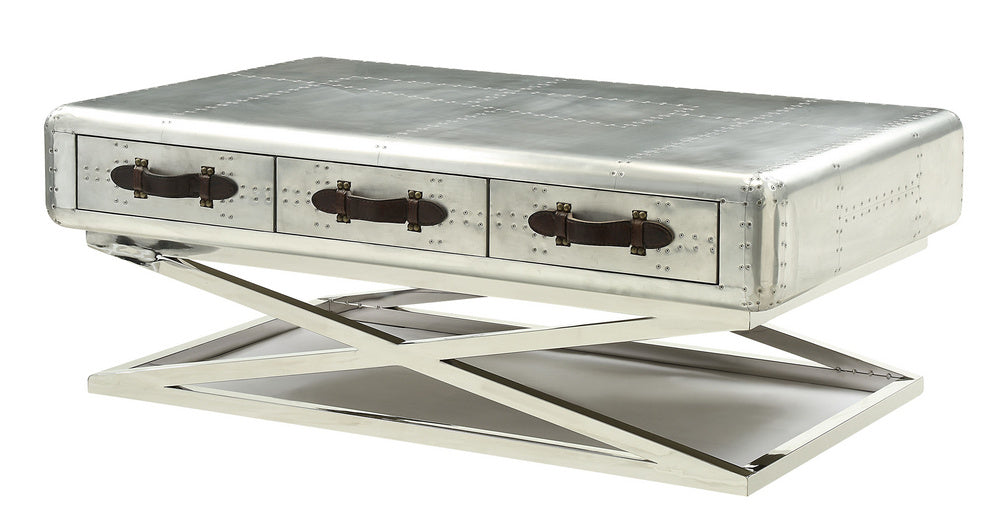 Aberdeen II Aluminum Finish Metal Coffee Table with 3 Drawers