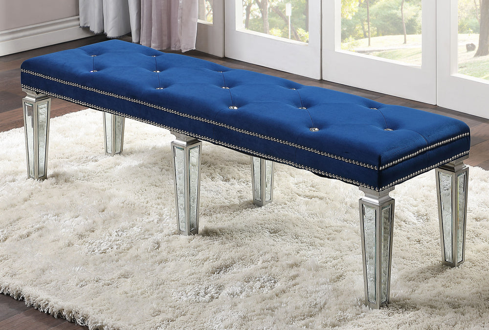 Varian Blue Velvet Tufted Bench with Mirrored Trim Legs