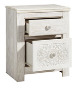 Paxberry Whitewash Wood 2-Drawer Nightstand with Carved Pattern