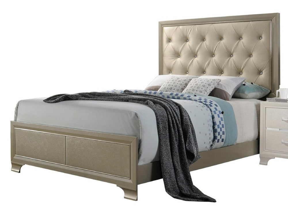 Carine Champagne Faux Leather/Wood Queen Panel Bed