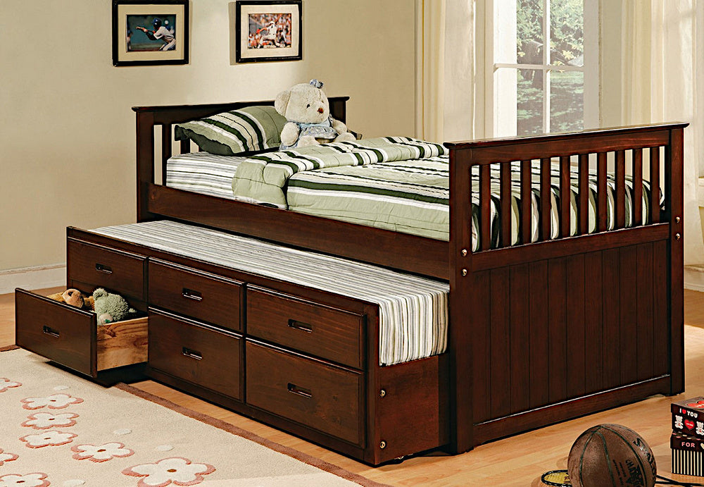 Pina Espresso Wood Twin Captain Bed w/Trundle & Drawers