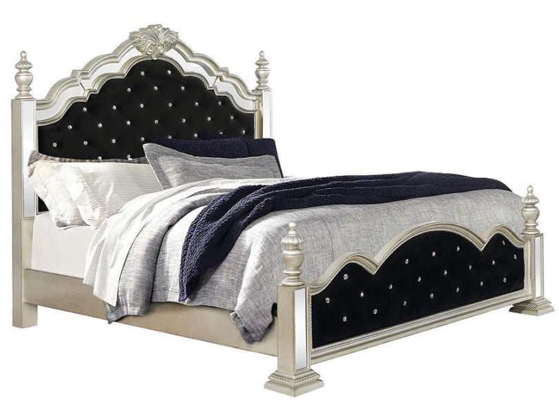 Heidi Black Velvet/Metallic Platinum Wood Queen Poster Bed