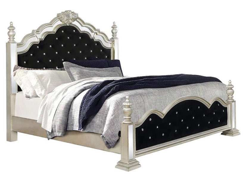 Heidi Black Velvet/Metallic Platinum Wood King Poster Bed