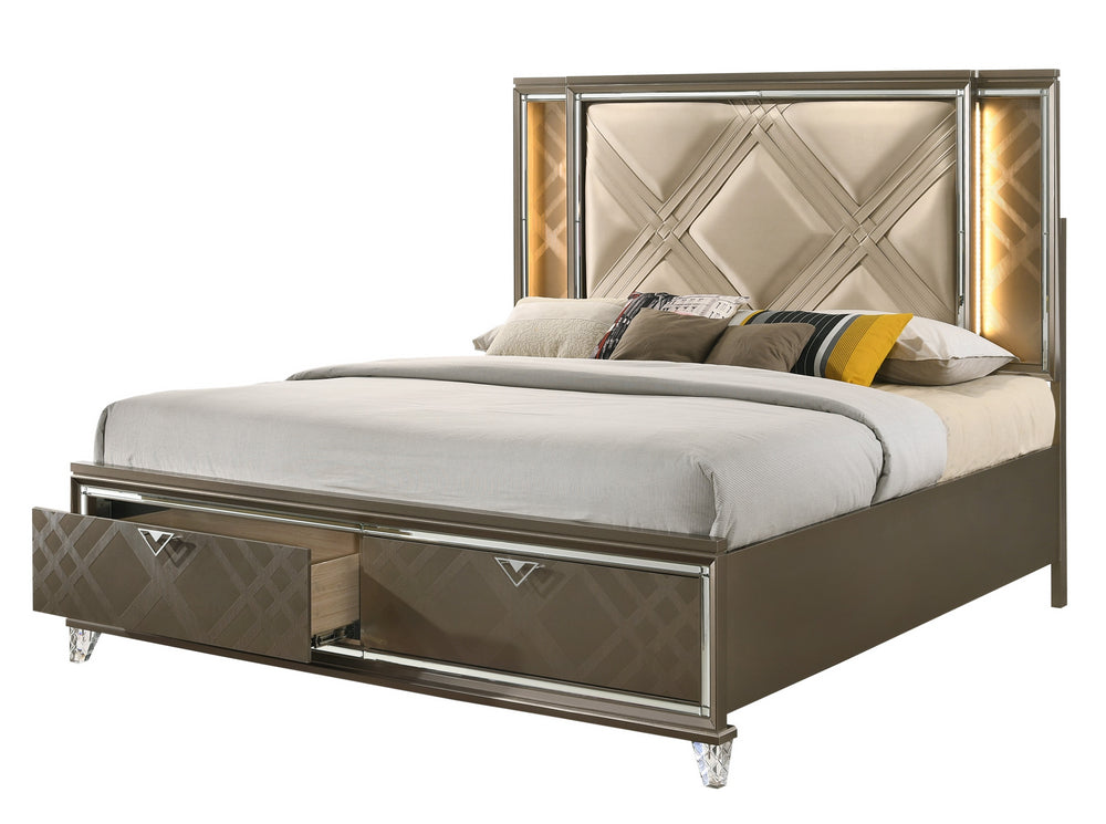 Skylar Dark Champagne Wood/PU Leather Full Bed with Storage