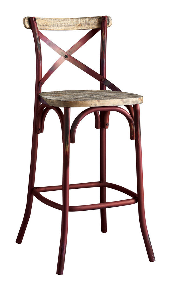 Zaire Antique Red Metal Steel Bar Chair with Wooden Seat