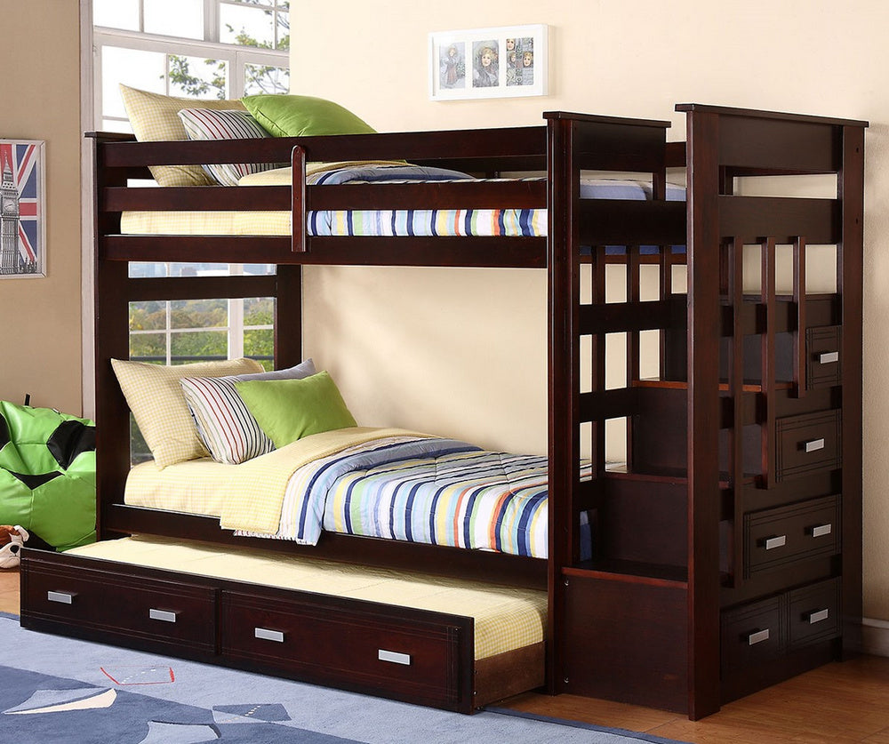 Cinzia Espresso Wood Twin Bunk Bed with Side Drawers