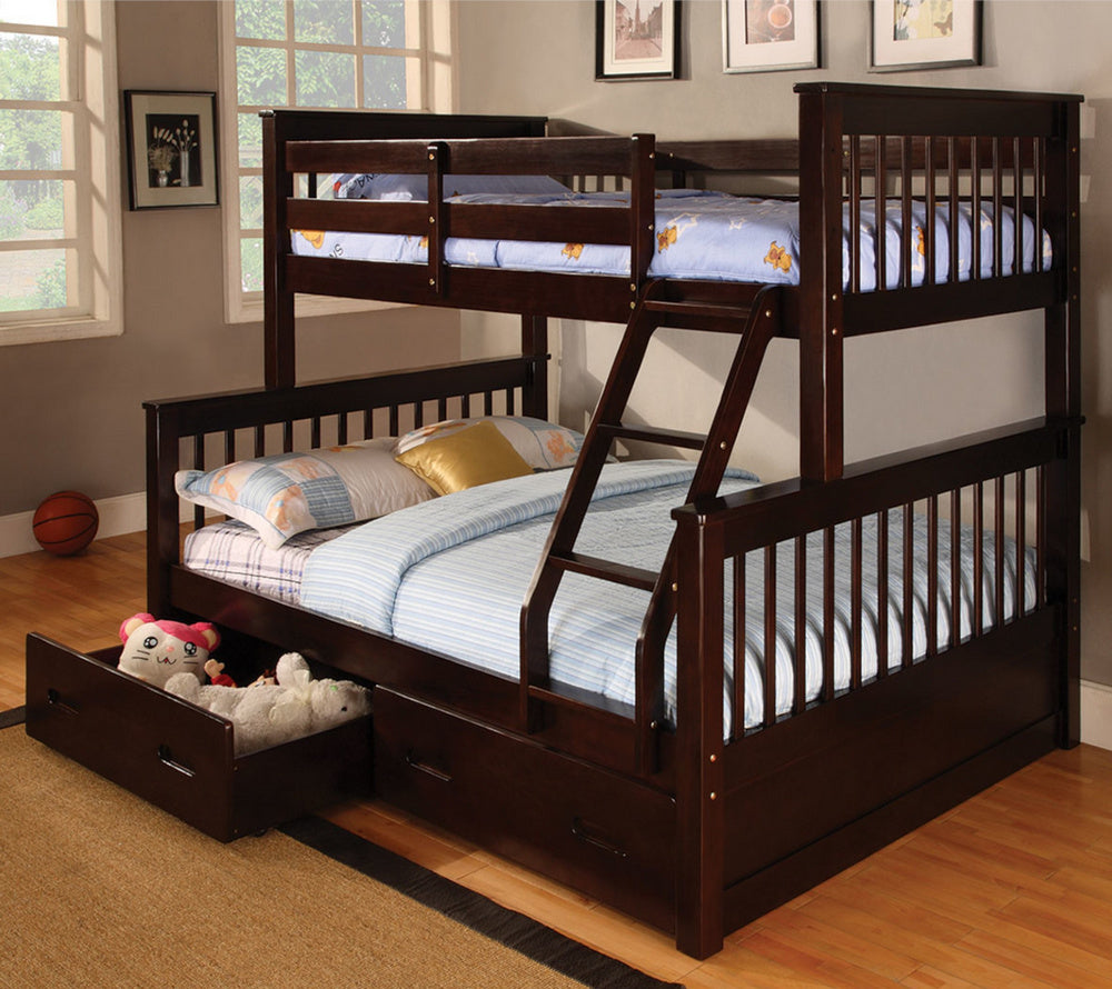 Rosalinda Espresso Wood Twin/Full Bunk Bed with Drawers