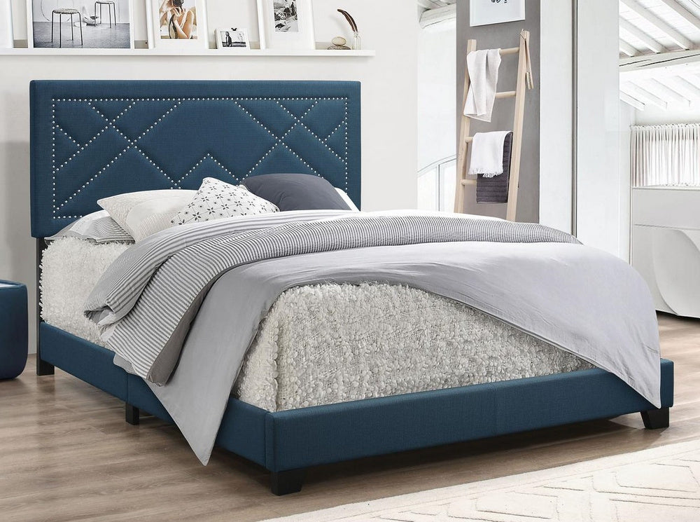 Ishiko Dark Teal Fabric Queen Bed with Nailhead Trim