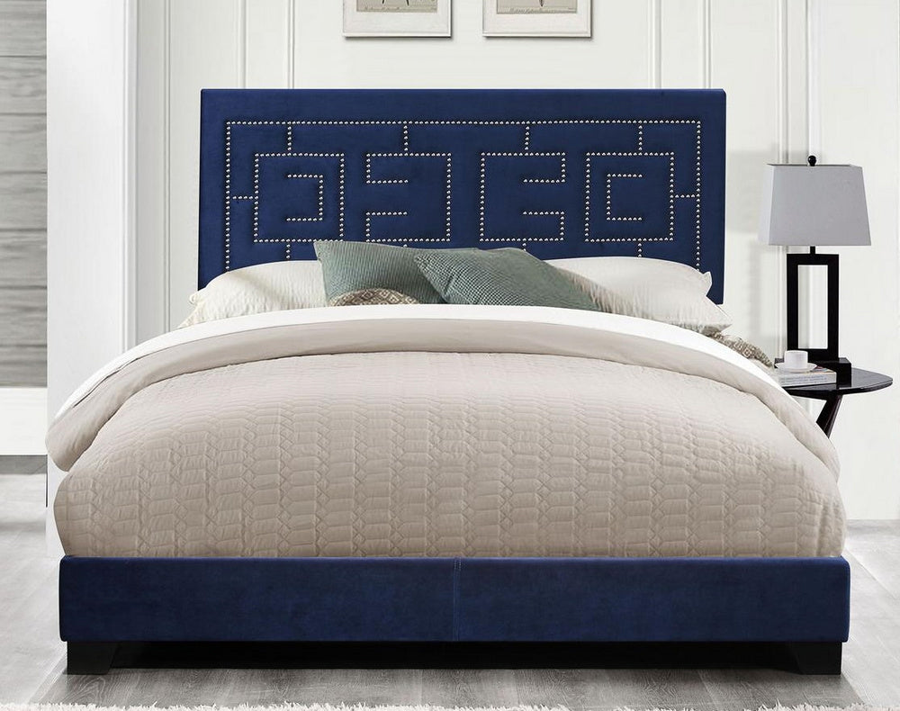 Ishiko II Dark Blue Velvet Queen Bed with Nailhead Trim