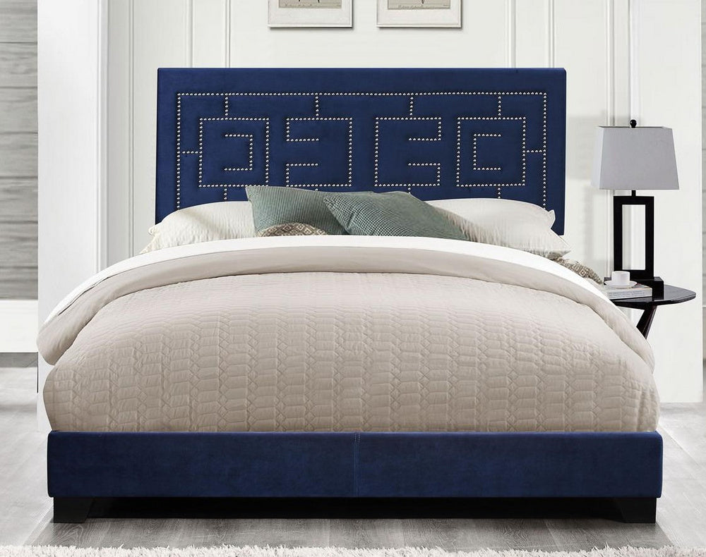 Ishiko II Dark Blue Velvet King Bed with Nailhead Trim