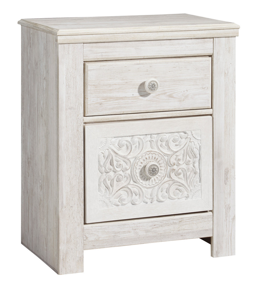 Paxberry Whitewash Wood 2-Drawer Nightstand with Carved Pattern