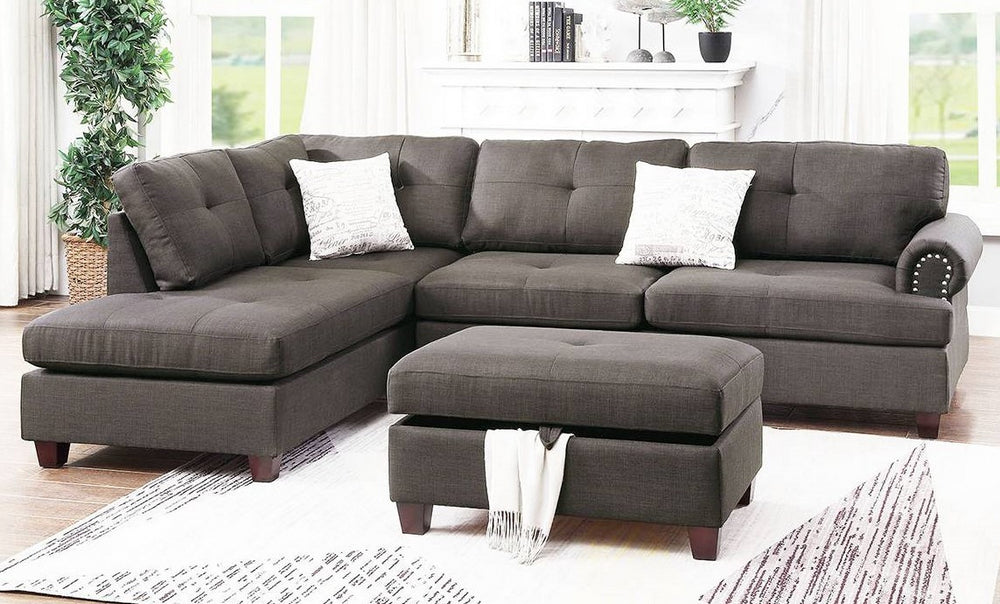 Nadia Black Fabric Reversible Sectional Sofa with Ottoman